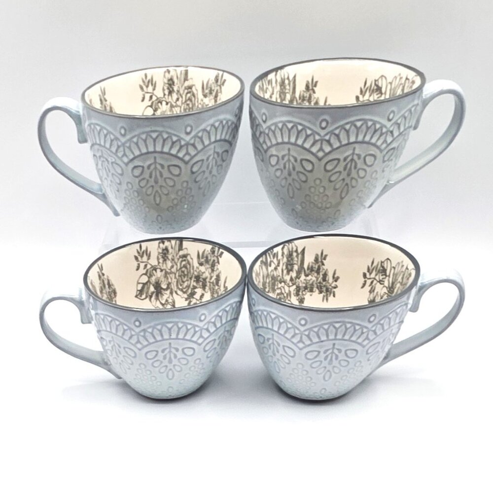 Pfaltzgraff Gabriela Gray Stoneware Embossed Set of 4 Coffee Tea Mugs Cups 12oz
